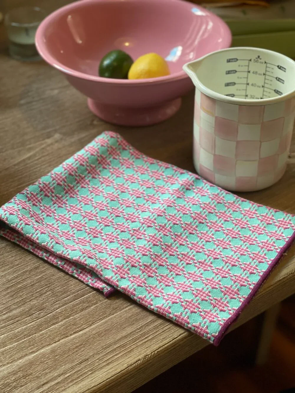 Anthropologie Aqua Pink Woven Geo Kitchen Towel -NEW - Theme: Textile Candy